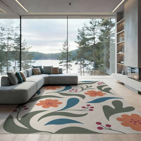 ODIKA 9'x12' Coral Teal Elegance with Ruby Floral Washable Area Rug Charming Botanical Patterns Graceful Foliage Non-Slip, Chair-Friendly for Dining Room, Basement, Large Office