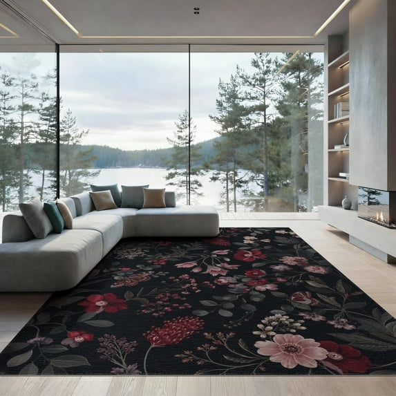 ODIKA 9'x12' Dark Floral Exotic Garden Night Washable Area Rug Elegant Botanical Design with Butterflies Non-Slip, Chair-Friendly for Dining Room, Basement, Large Office