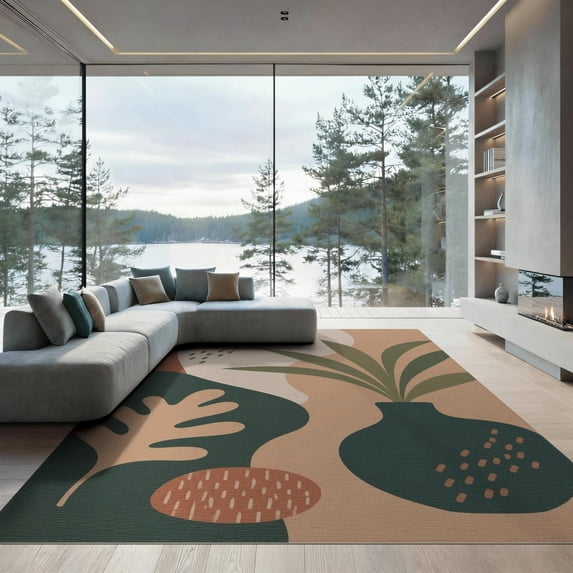 ODIKA 9'x12' Earthy Tones Abstract Cactus Design Washable Area Rug Modern Botanical Art with Geometric Flair for Great Room, Indoor Concept, Large Living Low Pile, Flatwoven