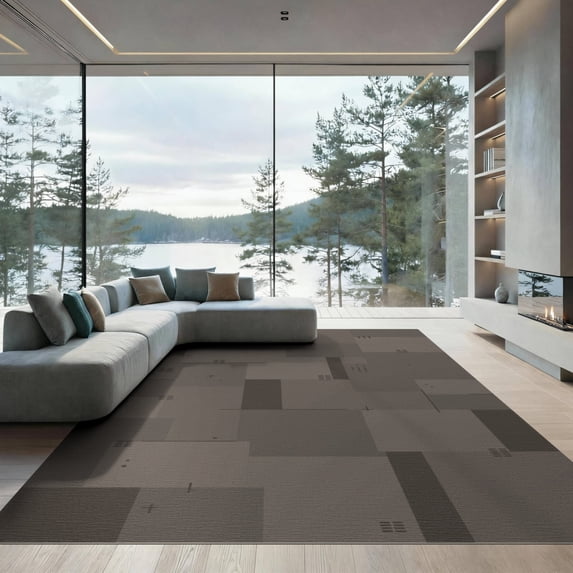 ODIKA 9'x12' Gray Charcoal Geometric Blocks Washable Area Rug Modern Abstract Pattern with Accents Non-Shedding, Easy Care for Master Suite, California King, Under Bed
