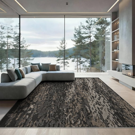 ODIKA 9'x12' Gray Charcoal Granite Textured Abstract Washable Area Rug Modern Distressed Stone Effect Pattern Non-Slip, Chair-Friendly for Dining Room, Basement, Large Office