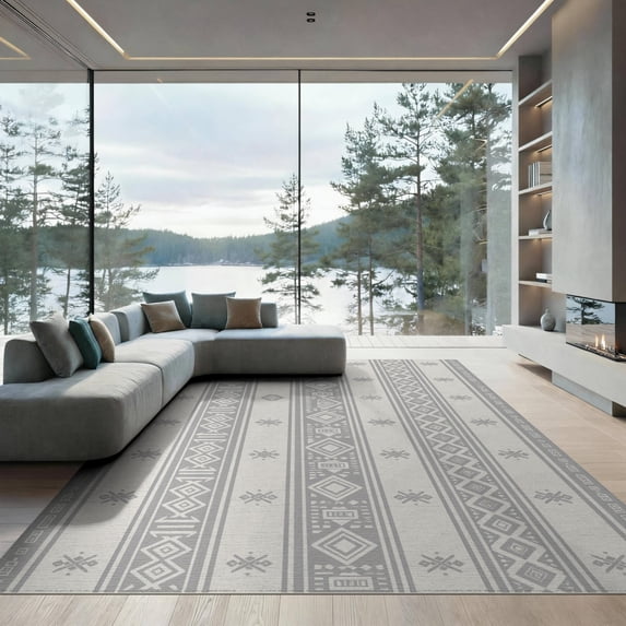 ODIKA 9'x12' Gray Cream Southwestern Geometric Striped Washable Area Rug Diamond Motif Pattern with Aztec Inspired Non-Shedding, Easy Care for Master Suite, California King, Under Bed