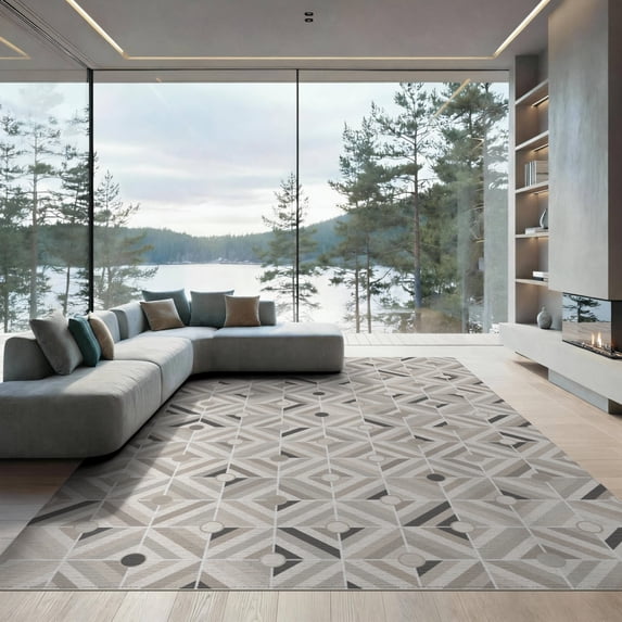 ODIKA 9'x12' Gray Ivory Geometric Diamond Washable Area Rug Modern Tile Motif with Circular Accents for Great Room, Indoor Concept, Large Living Low Pile, Flatwoven