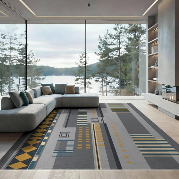 ODIKA 9'x12' Gray Multi Granite Geometric Contemporary Washable Area Rug Modern Abstract Architectural Blocks Stripes Non-Slip, Chair-Friendly for Dining Room, Basement, Large Office