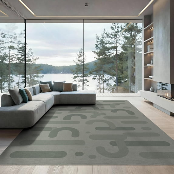 ODIKA 9'x12' Green Sage Abstract Geometric Contemporary Washable Area Rug Modern Curved Lines Rounded Shapes Minimalist for Master Suite, California King, Under Bed, Non-Shedding, Easy Care