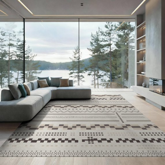 ODIKA 9'x12' Grey Beige Geometric Stripe Design Washable Area Rug Contemporary Pattern with Squares Non-Slip, Chair-Friendly for Dining Room, Basement, Large Office