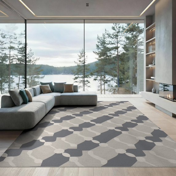 ODIKA 9'x12' Grey Cream Trellis Geometric Design Washable Area Rug Modern Interlocking Shapes Pattern Non-Shedding, Easy Care for Master Suite, California King, Under Bed