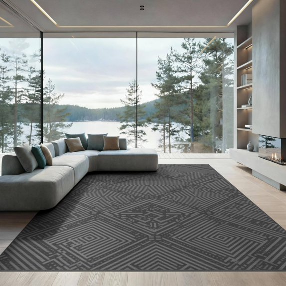 ODIKA 9'x12' Grey Intricate Labyrinth Geometric Diamond Washable Area Rug Contemporary Symmetrical Concentric Square Motif for Great Room, Indoor Concept, Large Living Low Pile, Flatwoven