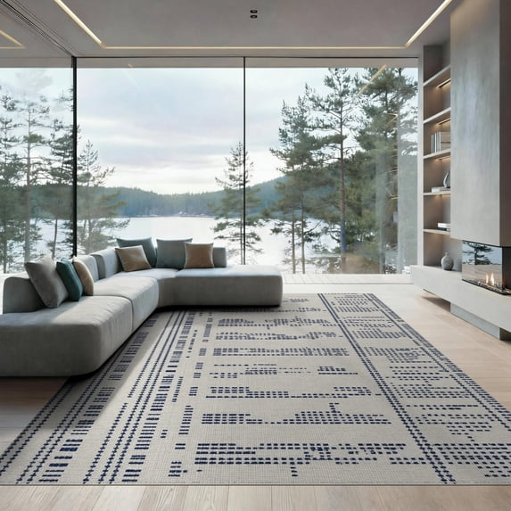 ODIKA 9'x12' Indigo Marled Handwoven Design Washable Area Rug Intricate Patterns with Modern Flair for Great Room, Indoor Concept, Large Living Low Pile, Flatwoven