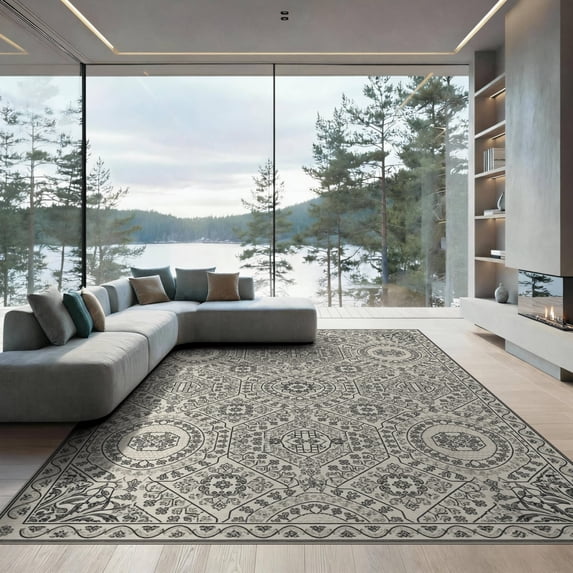 ODIKA 9'x12' Ivory Black Ornate Medallion Diamond Washable Area Rug Traditional Floral Motif Geometric Border Design for Dining Room, Basement, Large Office, Non-Slip Chair-Friendly