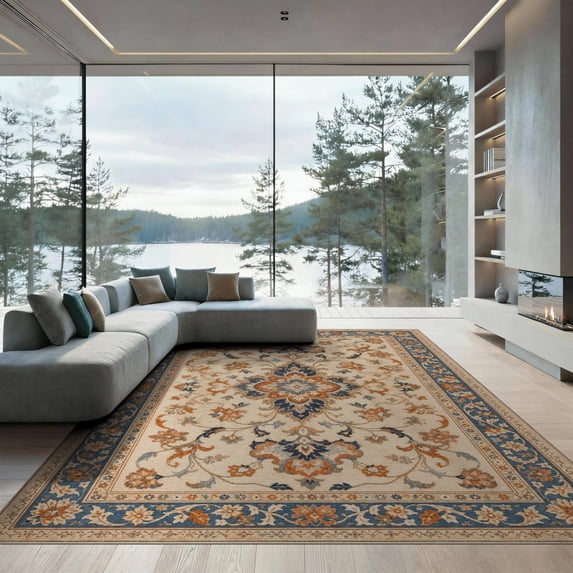 ODIKA 9'x12' Ivory Blue Elegance with Persian Floral Washable Area Rug Intricate Garden Design, Timeless Border Detailing Low Pile, Flatwoven, for Great Room, Indoor Concept, Large Living