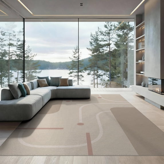 ODIKA 9'x12' Ivory Geometric Pathway Design Washable Area Rug Modern Abstract Lines with Subtle Accents for Dining Room, Basement, Large Office, Non-Slip Chair-Friendly