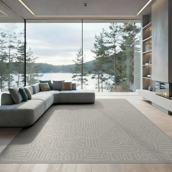 ODIKA 9'x12' Light Gray Abstract Maze Washable Area Rug Contemporary Line Art With Freestyle Geometric Design for Great Room, Indoor Concept, Large Living Low Pile, Flatwoven