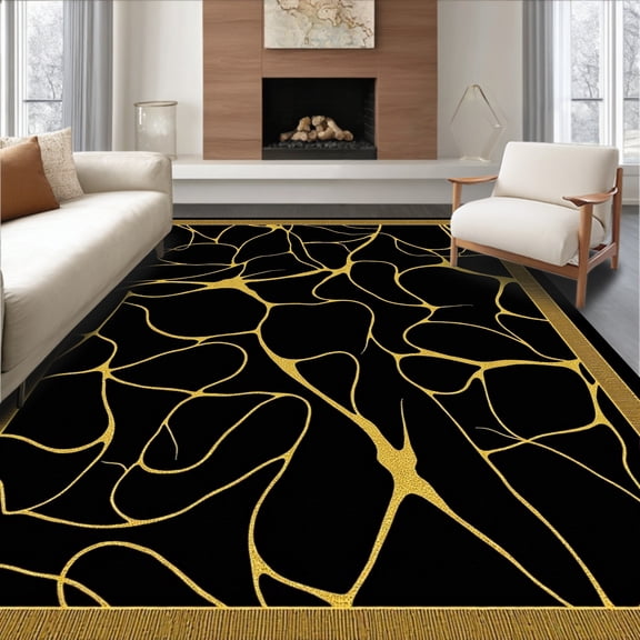 ODIKA 9'x12' Machine Washable Non-Slip Area Rug, Abstract Marble Vein Design with Gilded Accents and Swirling Motifs High Traffic Rug, Black, 427723