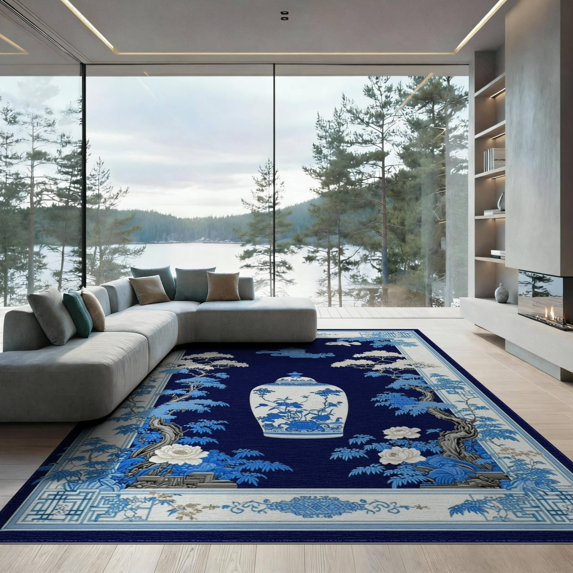 ODIKA 9'x12' Chinoiserie Blue Washable Area Rug for Master Suite, California King, Under Bed, Non-Shedding, Easy Care