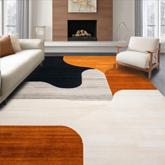 ODIKA 9'x12' Machine Washable Non-Slip Area Rug, Black Orange Abstract Geometric Shape High Traffic Rug, Black Beige Orange, 86284