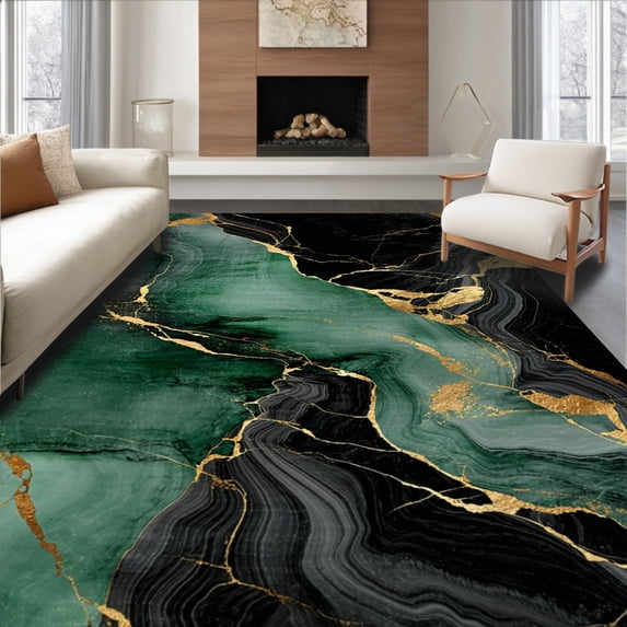 ODIKA 9'x12' Machine Washable Non-Slip Area Rug, Contemporary Marble Design Floor with Elegant Swirls High Traffic Rug, Black, 147092
