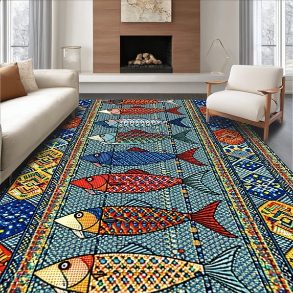 ODIKA 9'x12' Machine Washable Non-Slip Area Rug, East Urban Vibrant Lake House Fish Decorative Blue High Traffic Rug, Blue, 2718