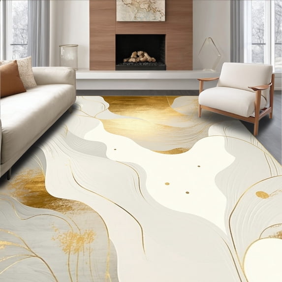 ODIKA 9'x12' Machine Washable Non-Slip Area Rug, Elegant Abstract Swirl Easy Clean Non Shedding Ivory Gold High Traffic Rug, White, 71026