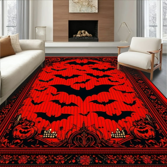 ODIKA 9'x12' Machine Washable Non-Slip Area Rug, Haunting Monochrome Bat Design High Traffic Rug, Red, 29676