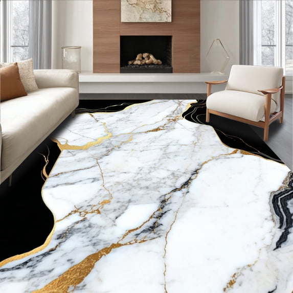 ODIKA 9'x12' Machine Washable Non-Slip Area Rug, Lezlee Abstract Marble Veins Modern Gold Border High Traffic Rug, White, 129308