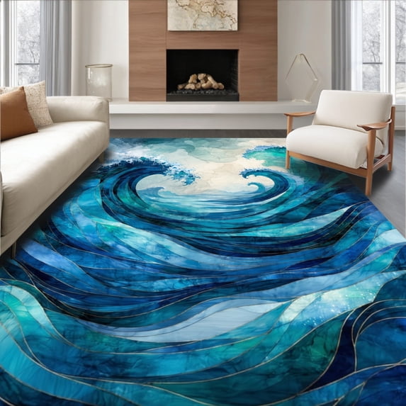 ODIKA 9'x12' Machine Washable Non-Slip Area Rug, Mystic Ocean Charm Ivory Sand High Traffic Rug, Blue, 66871