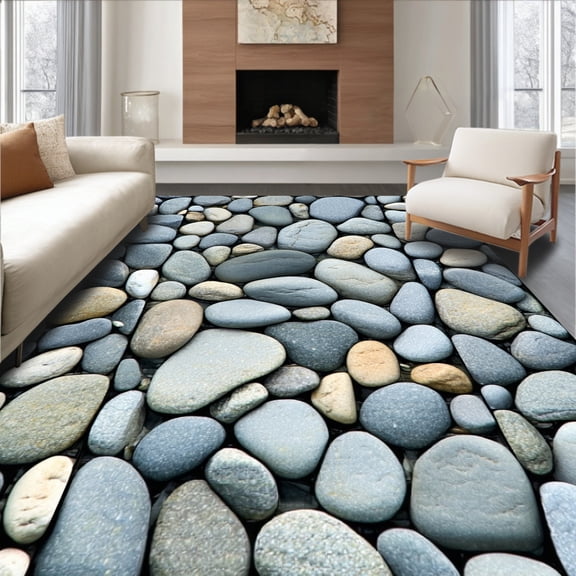ODIKA 9'x12' Machine Washable Non-Slip Area Rug, Pebble Path Grey Bath U Shape Toilet Contour High Traffic Rug, Gray, 103955
