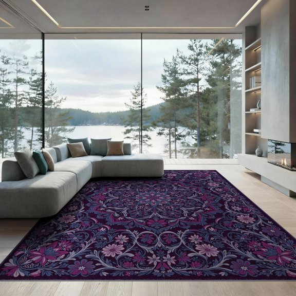 ODIKA 9'x12' Maximalist Central Emblem Delicate Blooming Petals Interlocking Design Washable Area Rug None Low Pile, Flatwoven, for Great Room, Indoor Concept, Large Living
