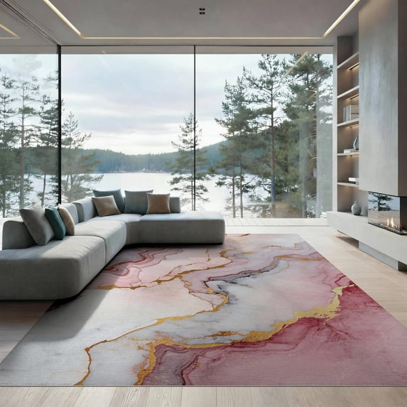 ODIKA 9'x12' Modern Opulent Swirl Aesthetic Washable Area Rug for Great Room, Indoor Concept, Large Living Low Pile, Flatwoven