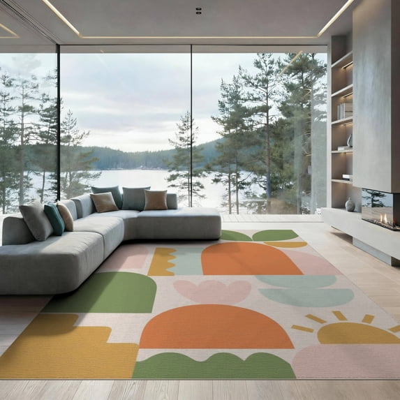 ODIKA 9'x12' Muted Earth Tones Desert Rainbow Washable Area Rug Abstract Geometric Shapes with Modern Flair for Dining Room, Basement, Large Office, Non-Slip Chair-Friendly