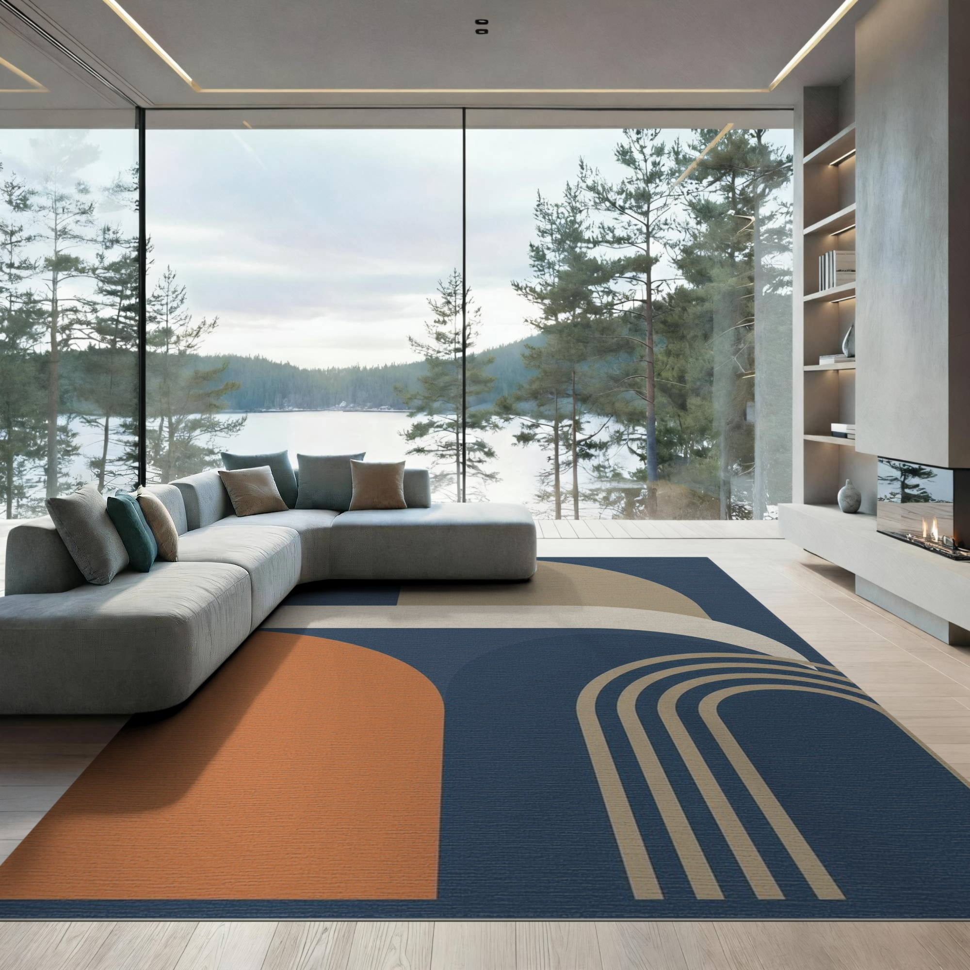 Modernism Rug ODIKA 9'x12' Navy Blue Mid-Century Modern Art Washable Area Rug ...
