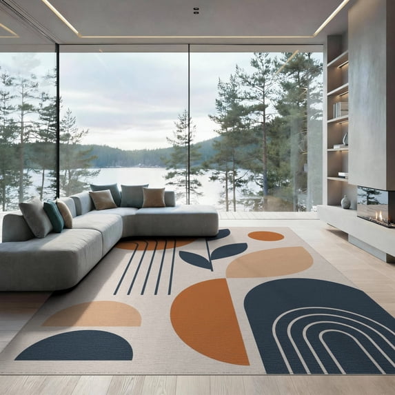 ODIKA 9'x12' Navy Blue Orange Modern Geometric Washable Area Rug Mid-Century Style with Bold Shapes and Lines for Great Room, Indoor Concept, Large Living Low Pile, Flatwoven