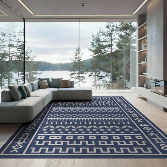 ODIKA 9'x12' Navy Cream Geometric Patterned Design Washable Area Rug Intricate Abstract Lines and Shapes for Master Suite, California King, Under Bed, Non-Shedding, Easy Care