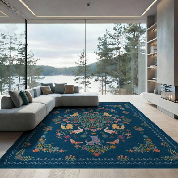 ODIKA 9'x12' Navy Friendship Garden Blue Multicolor Washable Area Rug Floral Motifs With Whimsical Animals And Butterflies for Dining Room, Basement, Large Office, Non-Slip Chair-Friendly