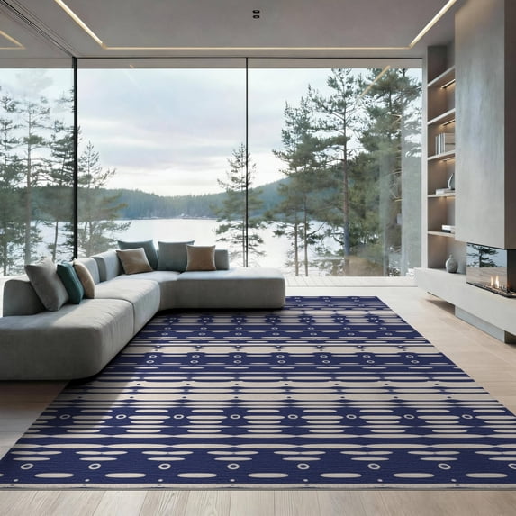 ODIKA 9'x12' Navy Ivory Geometric Ellipse Washable Area Rug Design Contemporary Artistic Interpretation Non-Slip, Chair-Friendly for Dining Room, Basement, Large Office