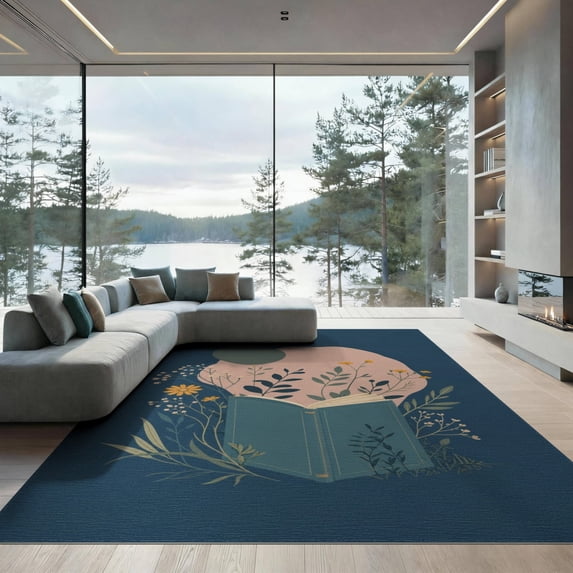 ODIKA 9'x12' Navy Pink Dreamscape with Pastel Botanical Washable Area Rug Elegant Floral and Foliage Patterns for Modern for Great Room, Indoor Concept, Large Living Low Pile, Flatwoven