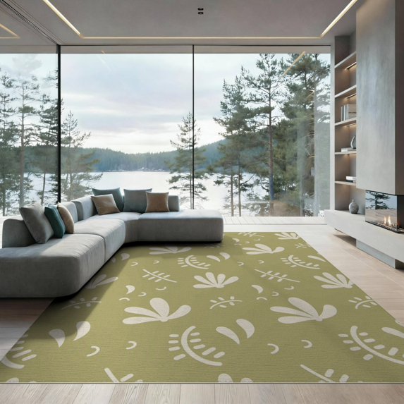 ODIKA 9'x12' Olive Green Abstract Floral Design Washable Area Rug Modern Botanical Motif with Curved Accents Low Pile, Flatwoven, for Great Room, Indoor Concept, Large Living