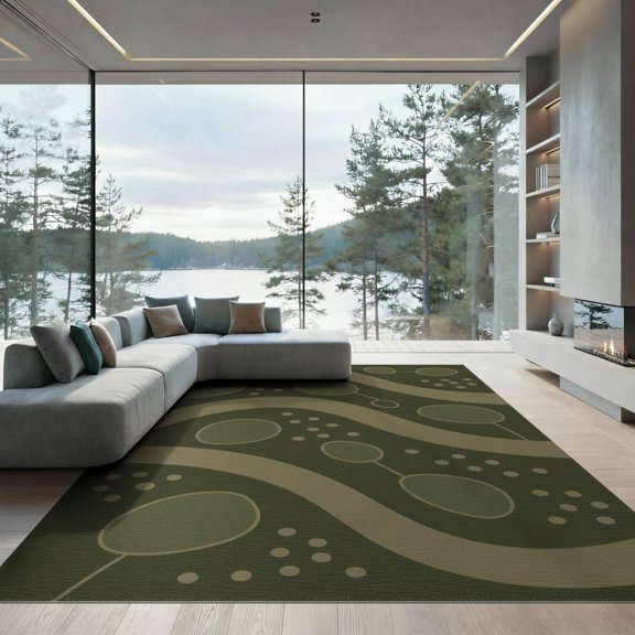 ODIKA 9'x12' Olive Green Midcentury Modern Flowing Wave Washable Area Rug Abstract Curved Lines with Scattered Dots for Master Suite, California King, Under Bed, Non-Shedding, Easy Care