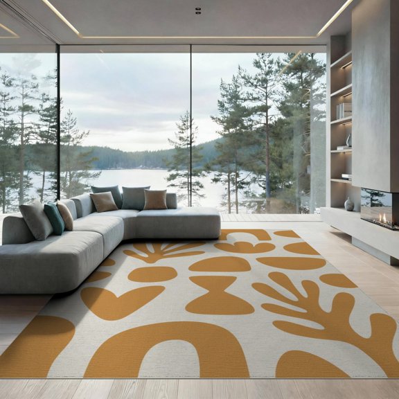 ODIKA 9'x12' Orange Mid Century Modern Shapes Washable Area Rug Abstract Danish Pattern with Organic Forms Low Pile, Flatwoven, for Great Room, Indoor Concept, Large Living