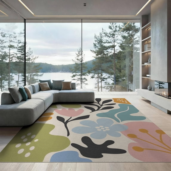 ODIKA 9'x12' Pastel Floral Elegance with Golden Garden Washable Area Rug Contemporary Botanical Motifs in Soft Hues for Dining Room, Basement, Large Office, Non-Slip Chair-Friendly