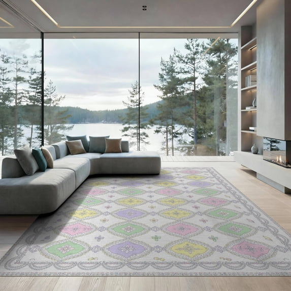 ODIKA 9'x12' Pastel Multicolor Floral Washable Area Rug Intricate Geometric With Delicate Motifs And Borders for Master Suite, California King, Under Bed, Non-Shedding, Easy Care