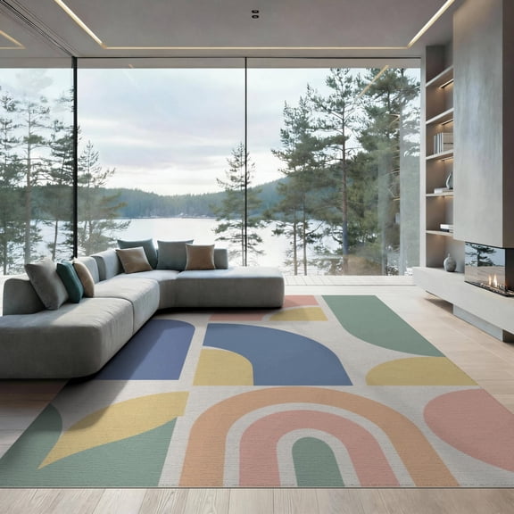 ODIKA 9'x12' Pastel Multicolor Retro Gradient Arch Washable Area Rug Mid Century Modern Aesthetic Pattern for Great Room, Indoor Concept, Large Living Low Pile, Flatwoven