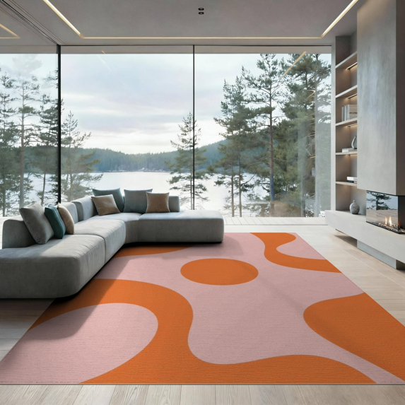 ODIKA 9'x12' Pink Orange Mid Century Modern Design Washable Area Rug Retro Abstract Pattern with Flowing Curves for Master Suite, California King, Under Bed, Non-Shedding, Easy Care
