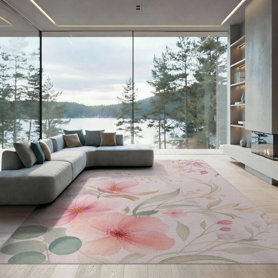 ODIKA 9'x12' Pink Soft Pastel Floral Elegance Washable Area Rug Chic Botanical Design with Delicate Blooms Low Pile, Flatwoven, for Great Room, Indoor Concept, Large Living