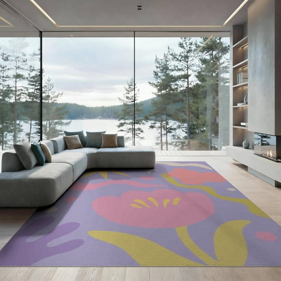 ODIKA 9'x12' Purple Pink Pastel Floral Harmony Washable Area Rug Abstract Retro Design with Modern Flair Low Pile, Flatwoven, for Great Room, Indoor Concept, Large Living
