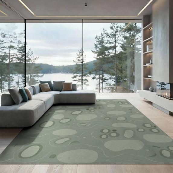 ODIKA 9'x12' Sage Green Abstract Plush Washable Area Rug Modern Motif With Flowing Shapes And Subtle for Great Room, Indoor Concept, Large Living Low Pile, Flatwoven