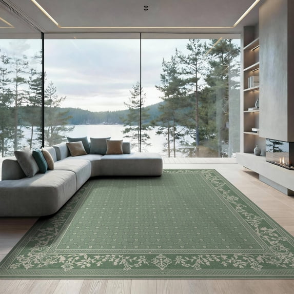 ODIKA 9'x12' Sage Green Tufted Diamond Lattice Washable Area Rug Classic Ornate Floral Botanical Scrollwork Multiple Frame Low Pile, Flatwoven, for Great Room, Indoor Concept, Large Living