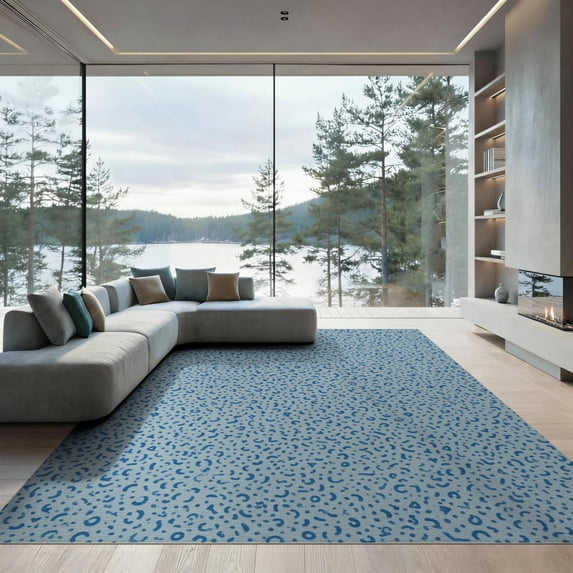 ODIKA 9'x12' Sky Blue Abstract Washable Area Rug Dynamic And Playful Design With Modern Influence Ornamental for Great Room, Indoor Concept, Large Living Low Pile, Flatwoven