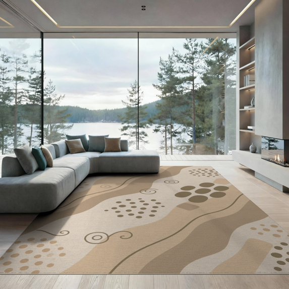 ODIKA 9'x12' Tan Beige Abstract Flowing Waves Handwoven Washable Area Rug Contemporary Swirl Motifs with Scattered Circle Non-Shedding, Easy Care for Master Suite, California King, Under Bed