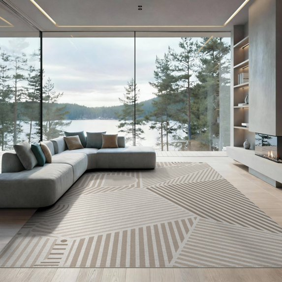ODIKA 9'x12' Tan Beige Geometric Striped Design Washable Area Rug Modern Abstract Lines with Unique Patterns Non-Slip, Chair-Friendly for Dining Room, Basement, Large Office